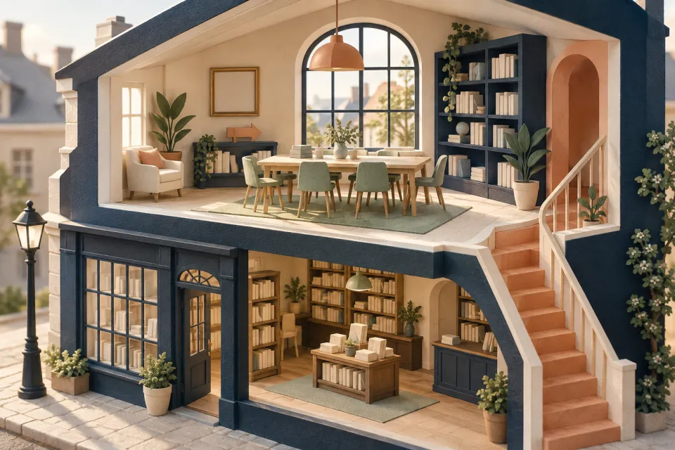 Illustrated bookshop with a welcoming shared room upstairs