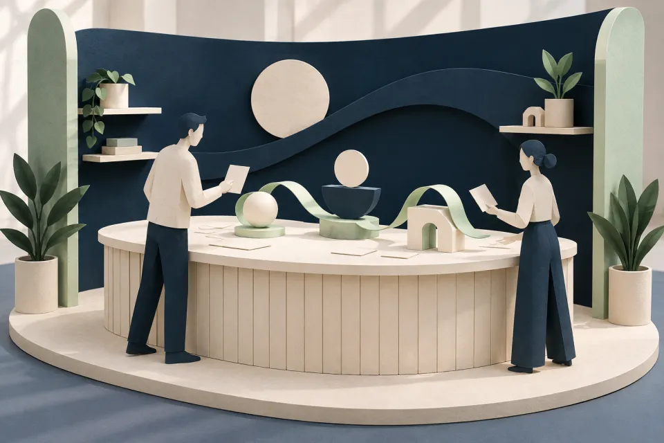 Illustrated exhibition space with objects and briefing cards to coordinate
