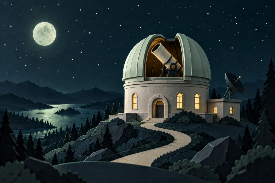 Illustrated observatory beneath the night sky